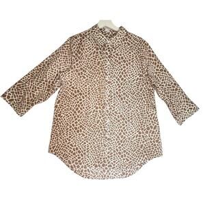 Chico's No Iron Tan White Animal Polka Squares Collared Top Size 2 L Button Up